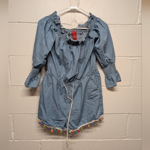 Saks Fifth Avenue (small) Cute Blue Romper with Colorful Pom-Pom Trim - Picture 1 of 8
